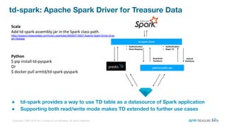 Copyright 1995-2019 Arm Limited (or its aﬃliates). All rights reserved.
td-spark: Apache Spark Driver for Treasure Data
17
● td-spark provides a way to use TD table as a datasource of Spark application
● Supporting both read/write mode makes TD extended to further use cases
Python
$ pip install td-pyspark
Or
$ docker pull armtd/td-spark-pyspark
Scala
Add td-spark-assembly.jar in the Spark class path.
https://support.treasuredata.com/hc/en-us/articles/360000716627-Apache-Spark-Driver-td-sp
ark-Release
 