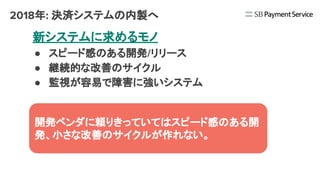 2018年: 決済システムの内製へ
新システムに求めるモノ
● スピード感のある開発/リリース
● 継続的な改善のサイクル
● 監視が容易で障害に強いシステム
今までは…
案件毎に開発ベンダさんのチカラを借りて構築
（見積もり/要件定義から検収まで長い道のり）
開発ベンダに頼りきっていてはスピード感のある開
発、小さな改善のサイクルが作れない。
 