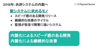 2018年: 決済システムの内製へ
新システムに求めるモノ
● スピード感のある開発/リリース
● 継続的な改善のサイクル
● 監視が容易で障害に強いシステム
今までは…
案件毎に開発ベンダさんのチカラを借りて構築
（見積もり/要件定義から検収）
内製化によるスピード感のある開発
内製化による継続的な改善
 