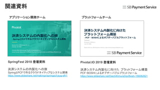 SpringFest 2018 登壇資料
決済システムの内製化への旅
SpringとPCFで作るクラウドネイティブなシステム開発
https://www.slideshare.net/makingx/springpcf-jsug-sfh1
関連資料
Pivotal.IO 2019 登壇資料
決済システム内製化に向けた プラットフォーム構築
PCF・BOSHによるオブザーバブルプラットフォーム
https://www.slideshare.net/DaichiKimura3/pcfbosh-156082821
アプリケーション開発チーム プラットフォームチーム
 