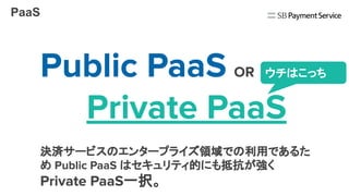 PaaS
ウチはこっちPublic PaaS OR
　　Private PaaS
決済サービスのエンタープライズ領域での利用であるた
め Public PaaS はセキュリティ的にも抵抗が強く
Private PaaS一択。
 