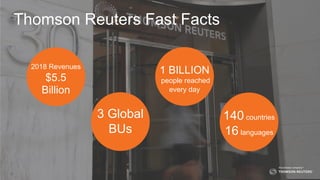 29
Thomson Reuters Fast Facts
2018 Revenues
$5.5
Billion
3 Global
BUs
1 BILLION
people reached
every day
140 countries
16 languages
 