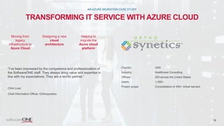 18
TRANSFORMING IT SERVICE WITH AZURE CLOUD
AN AZURE MIGRATION CASE STUDY
“I’ve been impressed by the competence and professionalism of
the SoftwareONE staff. They always bring value and expertise in
line with my expectations. They are a terrific partner.”
Chris Loar,
Chief Information Officer, Orthosynetics
Country: USA
Industry: Healthcare Consulting
Offices: 250 across the United States
Users: 1,300+
Project scope: Consolidation of 450+ virtual servers
Moving from
legacy
infrastructure to
Azure Cloud
Designing a new
cloud
architecture
Helping to
migrate the
Azure cloud
platform
 