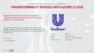 19
TRANSFORMING IT SERVICE WITH AZURE CLOUD
WITH MICROSOFT AZURE INFRASTRUCTURE AS A SERVICE (IAAS)
“Microsoft Azure Infrastructure as a Service (IaaS) offers us the
flexibility, scalability, and just-in-time-performance that we need. Azure
only bills us for the times in which number-crunching machines are
actually running.”
Sven Leneart
CIO, Unilever Belgium
Country: Belgium
Industry: Consumer Goods
Staff: 800 // Units: 10 Virtual Machines
Project duration: 2016-ongoing
Improved performance of Unilever’s business
intelligence applications with a new IT architecture
designed by SoftwareONE.
 