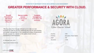 GREATER PERFORMANCE & SECURITY WITH CLOUD.
MIGRATION TO MICROSOFT OFFICE 365 & UNIFIED CLOUD MANAGEMENT
“Moving away from Google allowed us to scale our own
business as well as provide additional security we were lacking
and better management of the overall technology infrastructure.
It’s set us apart as a leader in the cyber charter school
movement in Pennsylvania.”
Dr. Michael Conti, CEO,
Agora Cyber Charter School
Country: USA
Industry: Education, Public Sector
Staff: 700
Students: 7,000
Smooth
Transition to
the Cloud
Migration to
Office 365
Secure mobile
access
to all apps &
data
Complete
management
of all Office 365
workloads
 