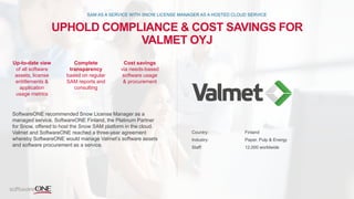 UPHOLD COMPLIANCE & COST SAVINGS FOR
VALMET OYJ
SAM AS A SERVICE WITH SNOW LICENSE MANAGER AS A HOSTED CLOUD SERVICE
SoftwareONE recommended Snow License Manager as a
managed service. SoftwareONE Finland, the Platinum Partner
for Snow, offered to host the Snow SAM platform in the cloud.
Valmet and SoftwareONE reached a three-year agreement
whereby SoftwareONE would manage Valmet’s software assets
and software procurement as a service.
Country: Finland
Industry: Paper, Pulp & Energy
Staff: 12,000 worldwide
Up-to-date view
of all software
assets, license
entitlements &
application
usage metrics
Complete
transparency
based on regular
SAM reports and
consulting
Cost savings
via needs-based
software usage
& procurement
 