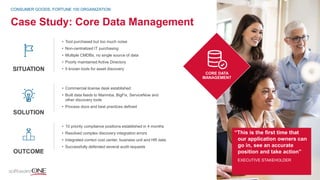 Case Study: Core Data Management
CONSUMER GOODS, FORTUNE 100 ORGANIZATION
• Tool purchased but too much noise
• Non-centralized IT purchasing
• Multiple CMDBs, no single source of data
• Poorly maintained Active Directory
• 5 known tools for asset discovery
• Commercial license desk established
• Built data feeds to Marimba, BigFix, ServiceNow and
other discovery tools
• Process docs and best practices defined
• 10 priority compliance positions established in 4 months
• Resolved complex discovery integration errors
• Integrated correct cost center, business unit and HR data
• Successfully defended several audit requests
“This is the first time that
our application owners can
go in, see an accurate
position and take action”
EXECUTIVE STAKEHOLDER
CORE DATA
MANAGEMENT
SITUATION
SOLUTION
OUTCOME
 
