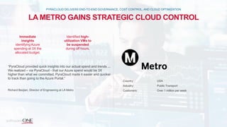 LA METRO GAINS STRATEGIC CLOUD CONTROL
PYRACLOUD DELIVERS END-TO-END GOVERNANCE, COST CONTROL, AND CLOUD OPTIMIZATION
“PyraCloud provided quick insights into our actual spend and trends ...
We realized – via PyraCloud - that our Azure spend would be 3X
higher than what we committed. PyraCloud made it easier and quicker
to track than going to the Azure Portal.”
Richard Bezjian, Director of Engineering at LA Metro
Country: USA
Industry: Public Transport
Customers: Over 1 million per week
Immediate
insights
identifying Azure
spending at 3X the
allocated budget.
Identified high-
utilization VMs to
be suspended
during off hours.
 