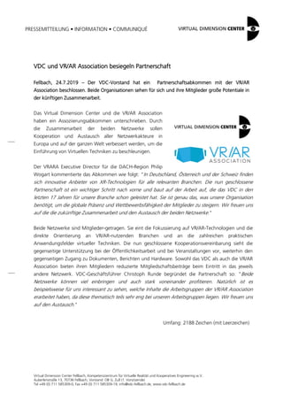 PRESSEMITTEILUNG • INFORMATION • COMMUNIQUÉ
Virtual Dimension Center Fellbach, Kompetenzzentrum für Virtuelle Realität und...