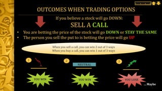 OUTCOMES WHEN TRADING OPTIONS
If you believe a stock will go DOWN:
SELL A CALL
• You are betting the price of the stock will go DOWN or STAY THE SAME
• The person you sell the put to is betting the price will go UP
When you sell a call, you can win 2 out of 3 ways
When you buy a call, you can win 1 out of 3 ways
NEUTRAL
2
YOU WINYOU WIN
1 3
YOU LOSE
… Maybe
 