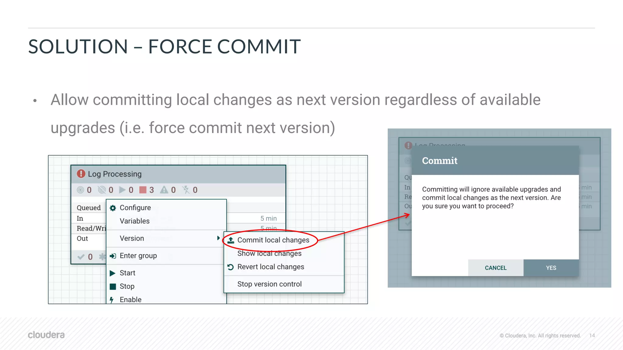© Cloudera, Inc. All rights reserved. 14© Cloudera, Inc. All rights reserved.
SOLUTION – FORCE COMMIT
• Allow committing local changes as next version regardless of available
upgrades (i.e. force commit next version)
 