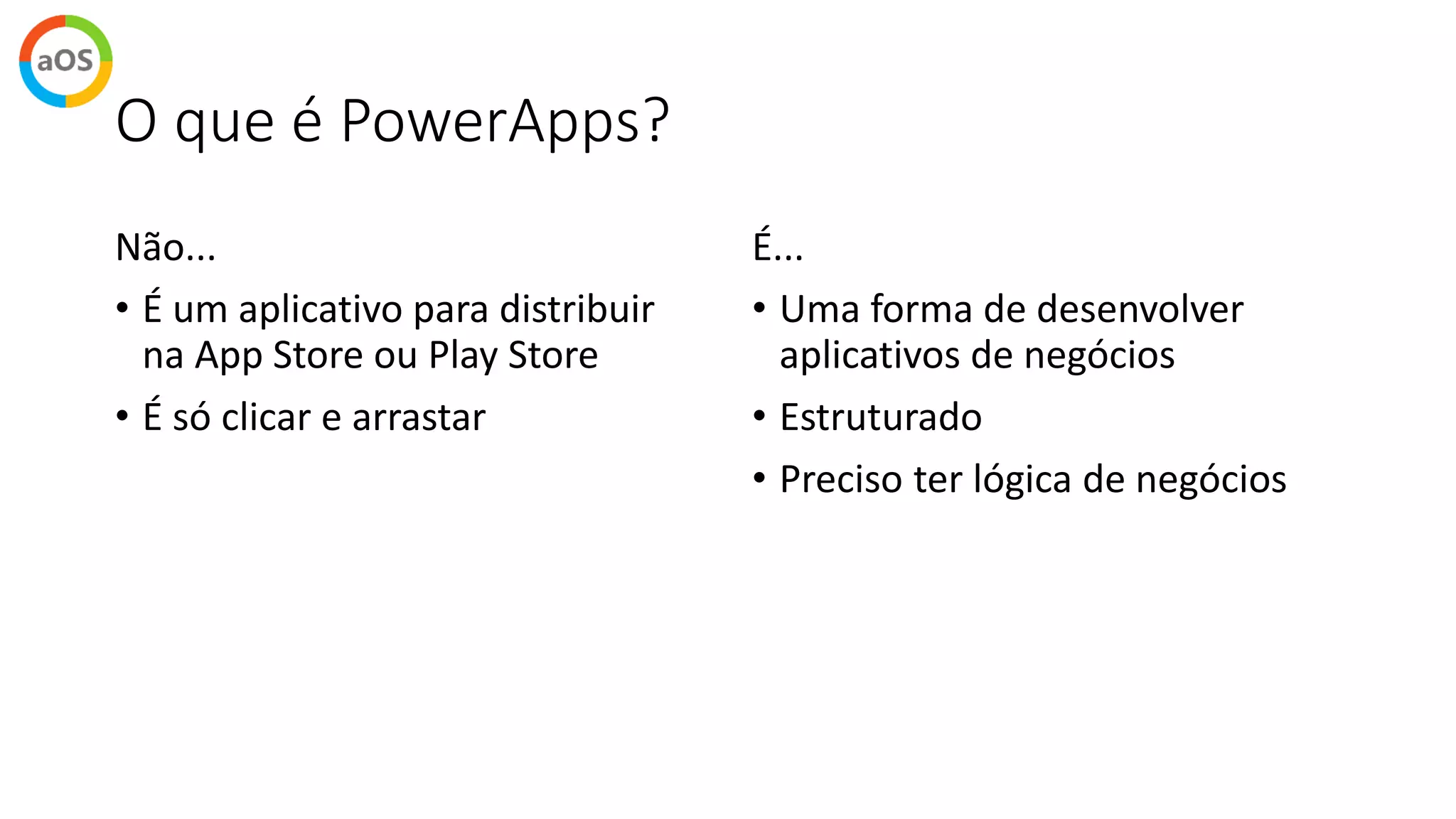 O que é PowerApps?
Não...
• É um aplicativo para distribuir
na App Store ou Play Store
• É só clicar e arrastar
É...
• Uma forma de desenvolver
aplicativos de negócios
• Estruturado
• Preciso ter lógica de negócios