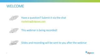 WELCOME
Have a question? Submit it via the chat
This webinar is being recorded!
Slides and recording will be sent to you after the webinar
2
marketing@algosec.com
 