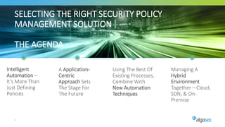 3
Intelligent
Automation –
It’s More Than
Just Defining
Policies
A Application-
Centric
Approach Sets
The Stage For
The Future
Managing A
Hybrid
Environment
Together – Cloud,
SDN, & On-
Premise
Using The Best Of
Existing Processes,
Combine With
New Automation
Techniques
SELECTING THE RIGHT SECURITY POLICY
MANAGEMENT SOLUTION
THE AGENDA
 