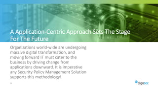 44
Organizations world-wide are undergoing
massive digital transformation, and
moving forward IT must cater to the
business by driving change from
applications downward. It is imperative
any Security Policy Management Solution
supports this methodology!
A Application-Centric Approach Sets The Stage
For The Future
 