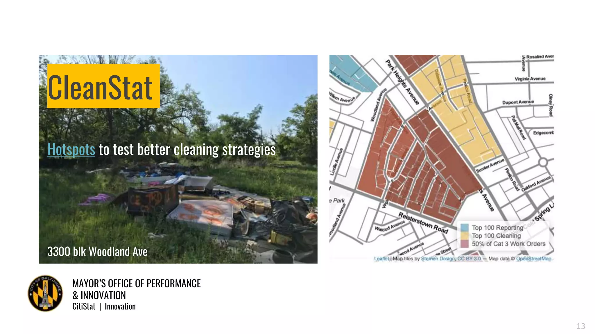 MAYOR’S OFFICE OF PERFORMANCE
& INNOVATION
CitiStat | Innovation
13
CleanStat
Hotspots to test better cleaning strategies
3300 blk Woodland Ave
 