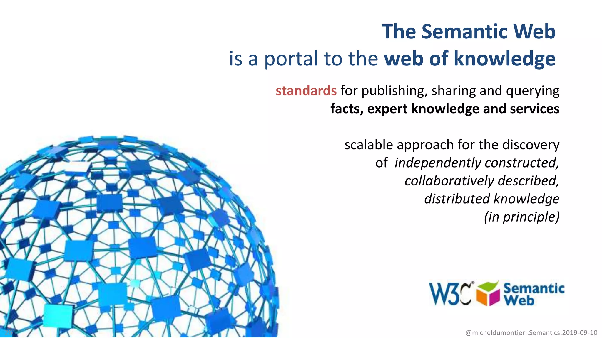 The Semantic Web
is a portal to the web of knowledge
26 @micheldumontier::Semantics:2019-09-10
standards for publishing, sharing and querying
facts, expert knowledge and services
scalable approach for the discovery
of independently constructed,
collaboratively described,
distributed knowledge
(in principle)
 