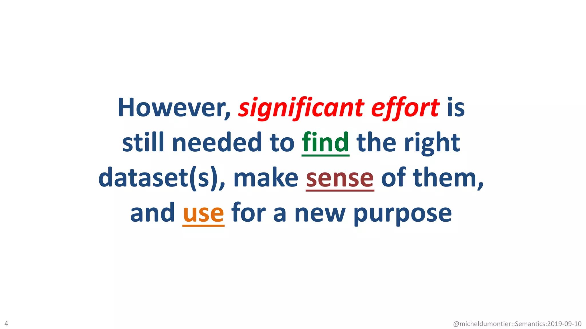 However, significant effort is
still needed to find the right
dataset(s), make sense of them,
and use for a new purpose
@micheldumontier::Semantics:2019-09-104
 
