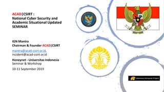 ACAD|CSIRT :
National Cyber Security and
Academic Situational Updated
SEMINAR
IGN Mantra
Chairman & Founder ACAD|CSIRT
mantra@acad-csirt.or.id,
incident@acad-csirt.or.id
Honeynet - Universitas Indonesia
Seminar & Workshop
10-11 September 2019
 