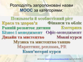 Розподіліть запропоновані назви
MOOC за категоріями:
Детальніше: https://osvita.ua/courses/distance/56184/ (дані на 01.09.2019)
 