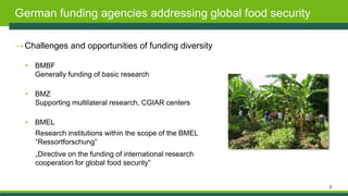 2
German funding agencies addressing global food security
→Challenges and opportunities of funding diversity
• BMBF
Genera...
