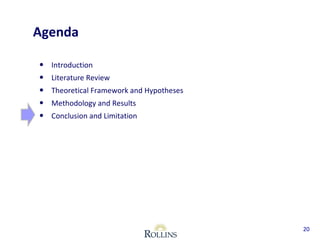 Agenda 
• Introduction 
• Literature Review 
• Theoretical Framework and Hypotheses 
• Methodology and Results 
• Conclusion and Limitation 
20 
 