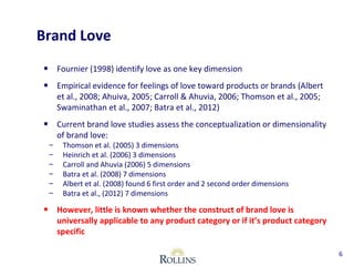 Brand Love 
• Fournier (1998) identify love as one key dimension 
• Empirical evidence for feelings of love toward products or brands (Albert 
et al., 2008; Ahuiva, 2005; Carroll & Ahuvia, 2006; Thomson et al., 2005; 
Swaminathan et al., 2007; Batra et al., 2012) 
• Current brand love studies assess the conceptualization or dimensionality 
of brand love: 
– Thomson et al. (2005) 3 dimensions 
– Heinrich et al. (2006) 3 dimensions 
– Carroll and Ahuvia (2006) 5 dimensions 
– Batra et al. (2008) 7 dimensions 
– Albert et al. (2008) found 6 first order and 2 second order dimensions 
– Batra et al., (2012) 7 dimensions 
• However, little is known whether the construct of brand love is 
universally applicable to any product category or if it’s product category 
specific 
6 
 