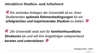 Attraktiver Studien- und Arbeitsort
« Die Universität setzt sich für familienfreundliche
Strukturen ein und will ihre Angehörigen entsprechend
beraten und unterstützen. »
Universität Basel 17
Strategie 2022 – 2030
«Ein zentrales Anliegen der Universität ist es, ihren
Studierenden optimale Rahmenbedingungen für ein
erfolgreiches und inspirierendes Studium zu bieten. »
 