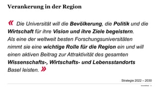 Verankerung in der Region
« Die Universität will die Bevölkerung, die Politik und die
Wirtschaft für ihre Vision und ihre Ziele begeistern.
Als eine der weltweit besten Forschungsuniversitäten
nimmt sie eine wichtige Rolle für die Region ein und will
einen aktiven Beitrag zur Attraktivität des gesamten
Wissenschafts-, Wirtschafts- und Lebensstandorts
Basel leisten. »
Universität Basel 24
Strategie 2022 – 2030
 
