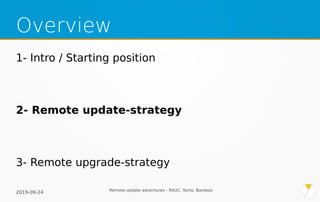 2019-09-24 Remote-update adventures - RAUC, Yocto, Barebox
Overview
1- Intro / Starting position
2- Remote update-strategy...