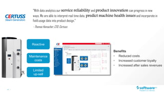 14 |
Benefits
• Reduced costs
• Increased customer loyalty
• Increased after sales revenues
“With data analytics our service reliability and product innovation can progress in new
ways. We are able to interpret real time data, predict machine health issues and incorporate in
field usage data into product design.”
- Thomas Hamacher, CTO, Certuss
Reactive
Maintenance
costs
Limited
up-sell
 