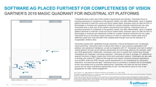 20 |
SOFTWARE AG PLACED FURTHEST FOR COMPLETENESS OF VISION
© 2019 Software AG. All rights reserved. For internal use only
GARTNER’S 2019 MAGIC QUADRANT FOR INDUSTRIAL IOT PLATFORMS
“Visionaries have a clear view of the market’s requirements and direction. Visionaries focus on
providing advanced (in comparison to the general market), and often differentiated, value in targeted
platform elements to meet the current and future market needs. Business value can take the form of
technologies or business and operational models for complex industrial customers and use case.
Visionaries have a clear view of the market’s requirements and direction. Visionaries focus on
providing advanced (in comparison to the general market), and often differentiated, value in targeted
platform elements to meet the current and future market needs. Business value can take the form of
technologies or business and operational models for complex industrial customers and use cases.
Visionaries focus on providing a broad continuum of value to meet future market needs and to
effectively upsell and cross-sell within their installed base through trust and the extension of
recognizable, iterative value.
Visionaries expand their capabilities through acquisition, internal development and, increasingly,
robust partnering. Visionaries need to improve their ability to meet customer expectations that
address core operational intelligence, as well as integration with OT. Visionaries must work to extend
market adoption through service delivery partnerships and technology alliances (for example, resell
and OEM agreements). Additionally, Visionaries must work to expand their market focus through
marketplace and developer community expansion. Visionaries are able to leverage IIoT platforms to
augment functions of legacy closed-loop control and automation systems. Challengers are also able
to develop and market IIoT platforms that augment and replace industrial enterprise applications,
such as MES, EAM and APM, through custom development or via marketplaces for connectors,
extensions, microservices and apps. Visionaries focus on providing a consistent set of technologies
across cloud-based and on-premises deployments. Visionaries may have the size and scale to
pursue and win large multinational opportunities for IIoT, but they tend to focus on one or two
geographies for deep market engagement.”
Source: Gartner, Inc., Magic Quadrant for Industrial IoT Platforms, Eric Goodness, et al., June 25, 2019.
This graphic was published by Gartner, Inc. as part of a larger research document and should be evaluated in the context of the entire document. The Gartner
document is available upon request from Software AG.
Gartner does not endorse any vendor, product or service depicted in its research publications, and does not advise technology users to select only those
vendors with the highest ratings or other designation. Gartner research publications consist of the opinions of Gartner's research organization and should not
be construed as statements of fact. Gartner disclaims all warranties, expressed or implied, with respect to this research, including any warranties of
merchantability or fitness for a particular purpose.
 