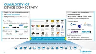 4 |
all devices, all networks, all verticals, all use cases
…
CUMULOCITY IOT
DEVICE CONNECTIVITY
Plug & Play with existing integrations
 100+ devices and gateways
 300+ protocols (BACnet, KNX, Siemens..)
Connect over any IP network without VPN
Cloud Fieldbus
 Central, web based end-to-end integration
LPWAN Agents
NB-IoT
Model-less integration
 Use 1000’s of device types/versions
 Device originated data model extension
Protocols supported:
 MQTT, REST, LWM2M, Tracker, SNMP
 SmartREST payload compression
 Device SDK’s for:
 Use any environment with:
SE & ME
Integrate new device types
DEVICE CONNECTIVITY & MANAGEMENT
 