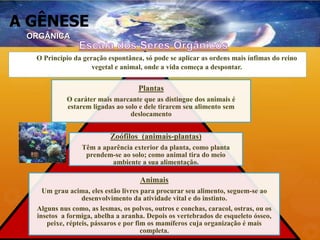 A GÊNESE
Animais
Um grau acima, eles estão livres para procurar seu alimento, seguem-se ao
desenvolvimento da atividade vital e do instinto.
Alguns nus como, as lesmas, os polvos, outros e conchas, caracol, ostras, ou os
insetos a formiga, abelha a aranha. Depois os vertebrados de esqueleto ósseo,
peixe, répteis, pássaros e por fim os mamíferos cuja organização é mais
completa.
Zoófilos (animais-plantas)
Têm a aparência exterior da planta, como planta
prendem-se ao solo; como animal tira do meio
ambiente a sua alimentação.
Plantas
O caráter mais marcante que as distingue dos animais é
estarem ligadas ao solo e dele tirarem seu alimento sem
deslocamento
O Principio da geração espontânea, só pode se aplicar as ordens mais ínfimas do reino
vegetal e animal, onde a vida começa a despontar.
ORGÂNICA
 