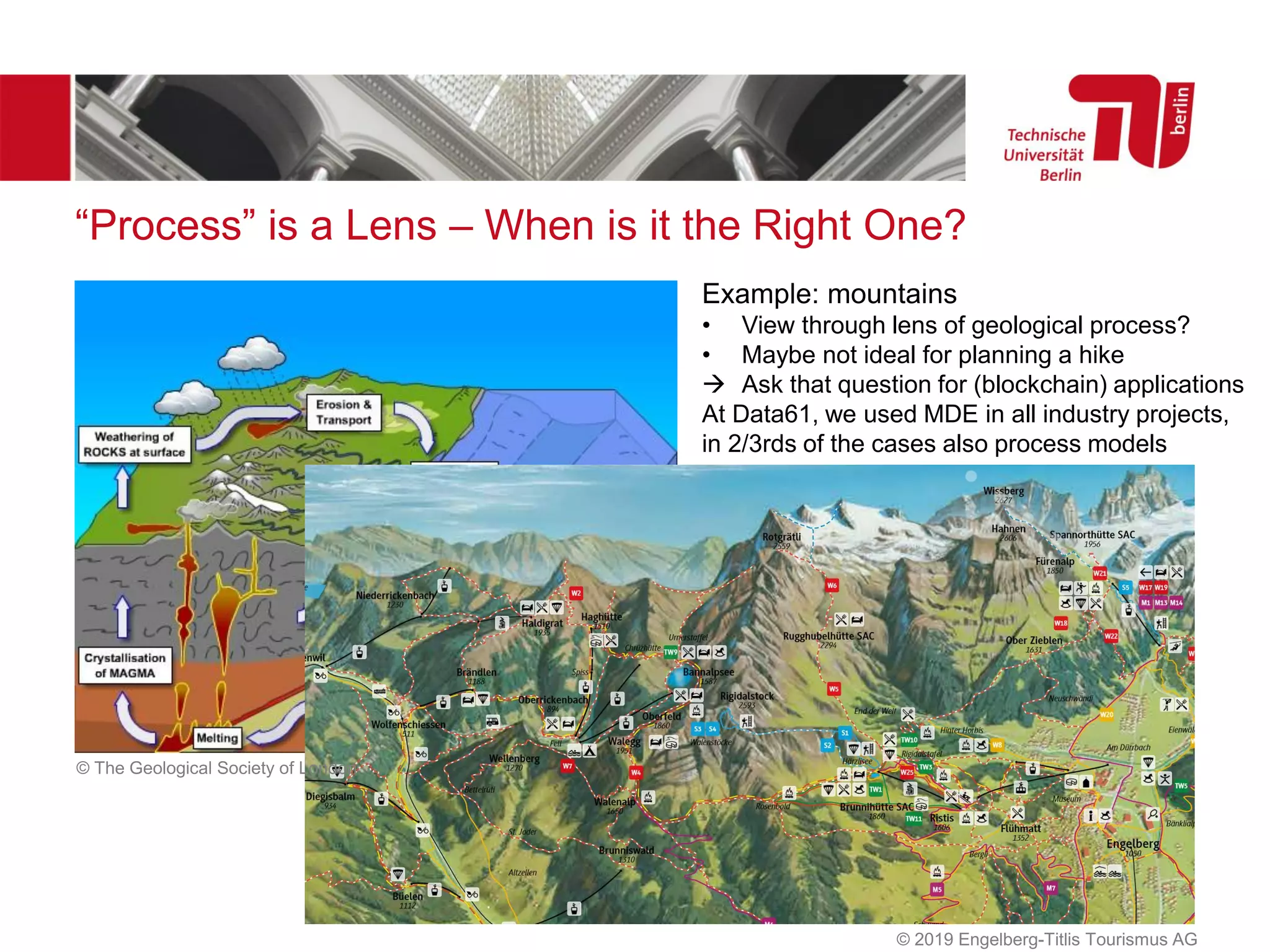 “Process” is a Lens – When is it the Right One?
Example: mountains
• View through lens of geological process?
• Maybe not ideal for planning a hike
→ Ask that question for (blockchain) applications
At Data61, we used MDE in all industry projects,
in 2/3rds of the cases also process models
© 2019 Engelberg-Titlis Tourismus AG
© The Geological Society of London
 
