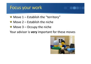 Move 1 – Establish the “territory”
Move 2 – Establish the niche
Move 3 – Occupy the niche
Your advisor is very important for these moves
 