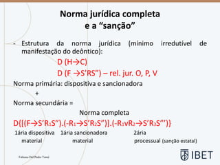 Fabiana Del Padre Tomé
Norma jurídica completa
e a “sanção”
- Estrutura da norma jurídica (mínimo irredutível de
manifestação do deôntico):
D (H→C)
D (F →S’RS”) – rel. jur. O, P, V
Norma primária: dispositiva e sancionadora
+
Norma secundária =
Norma completa
D{[(F→S’R1S”).(-R1→S’R2S”)].(-R1vR2→S’R3S”’)}
1ária dispositiva 1ária sancionadora 2ária
material material processual (sanção estatal)
 