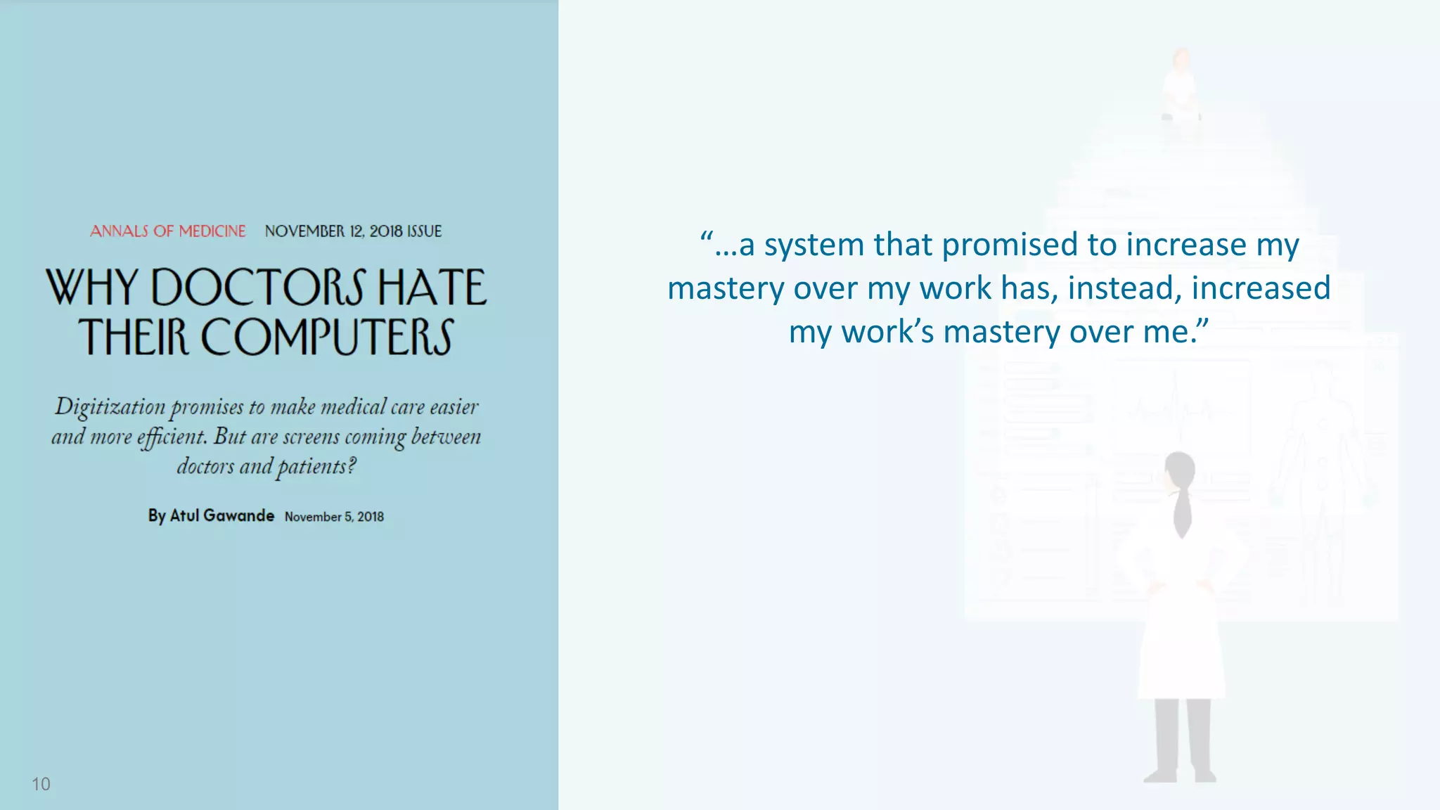 “…a system that promised to increase my
mastery over my work has, instead, increased
my work’s mastery over me.”
10
 