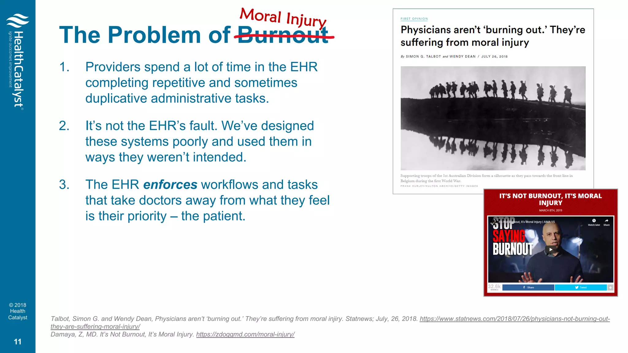 © 2018
Health
Catalyst
The Problem of Burnout
1. Providers spend a lot of time in the EHR
completing repetitive and sometimes
duplicative administrative tasks.
2. It’s not the EHR’s fault. We’ve designed
these systems poorly and used them in
ways they weren’t intended.
3. The EHR enforces workflows and tasks
that take doctors away from what they feel
is their priority – the patient.
Moral Injury
Talbot, Simon G. and Wendy Dean, Physicians aren’t ‘burning out.’ They’re suffering from moral injiry. Statnews; July, 26, 2018. https://www.statnews.com/2018/07/26/physicians-not-burning-out-
they-are-suffering-moral-injury/
Damaya, Z, MD. It’s Not Burnout, It’s Moral Injury. https://zdoggmd.com/moral-injury/
11
 