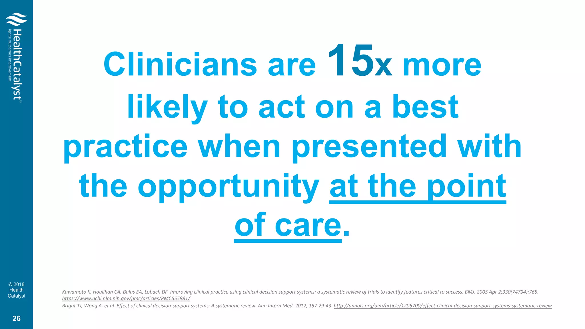 © 2018
Health
Catalyst
Kawamoto K, Houlihan CA, Balas EA, Lobach DF. Improving clinical practice using clinical decision support systems: a systematic review of trials to identify features critical to success. BMJ. 2005 Apr 2;330(74794):765.
https://www.ncbi.nlm.nih.gov/pmc/articles/PMC555881/
Bright TJ, Wong A, et al. Effect of clinical decision-support systems: A systematic review. Ann Intern Med. 2012; 157:29-43. http://annals.org/aim/article/1206700/effect-clinical-decision-support-systems-systematic-review
Clinicians are 15x more
likely to act on a best
practice when presented with
the opportunity at the point
of care.
26
 