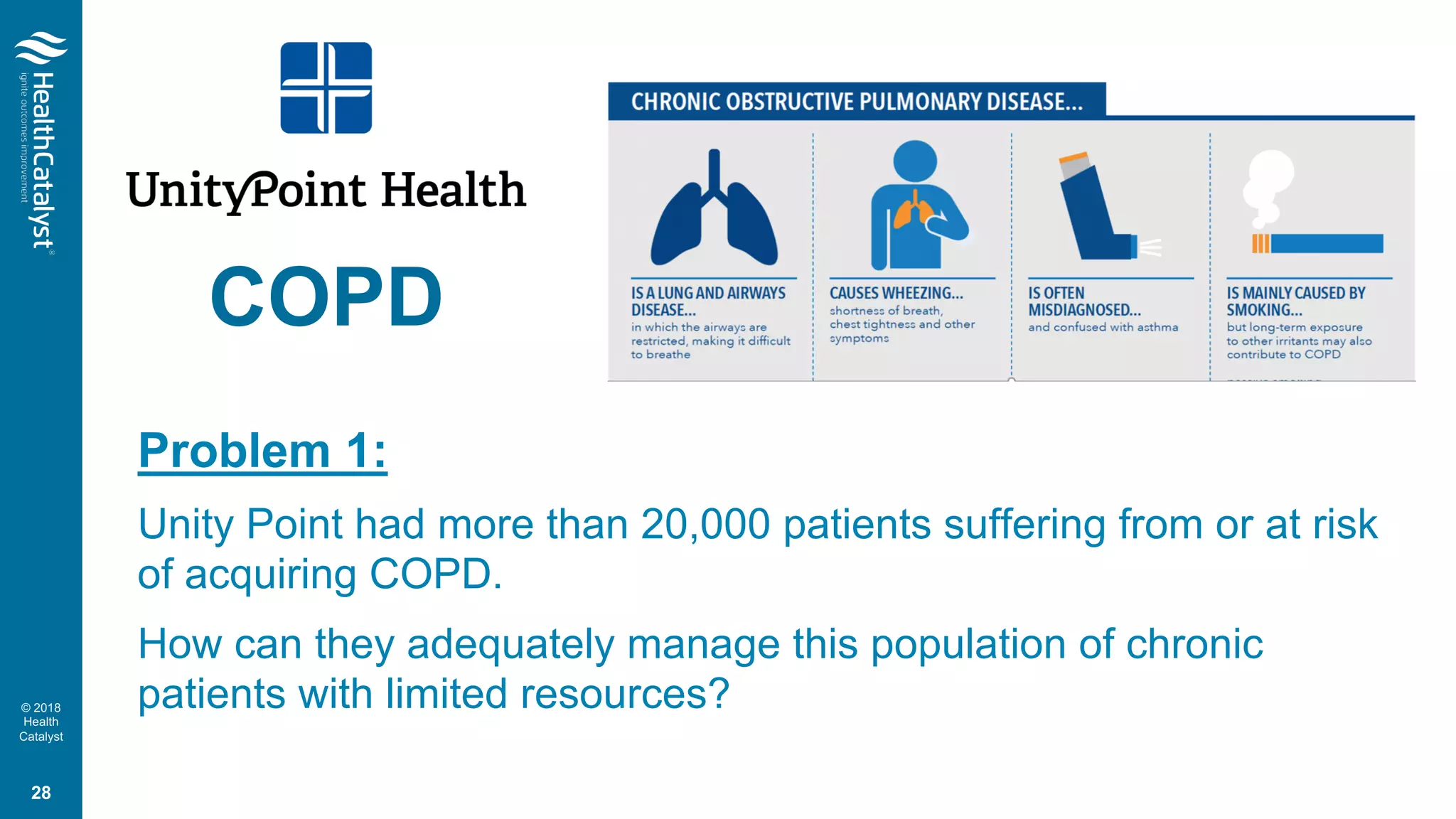 © 2018
Health
Catalyst
COPD
Problem 1:
Unity Point had more than 20,000 patients suffering from or at risk
of acquiring COPD.
How can they adequately manage this population of chronic
patients with limited resources?
28
 