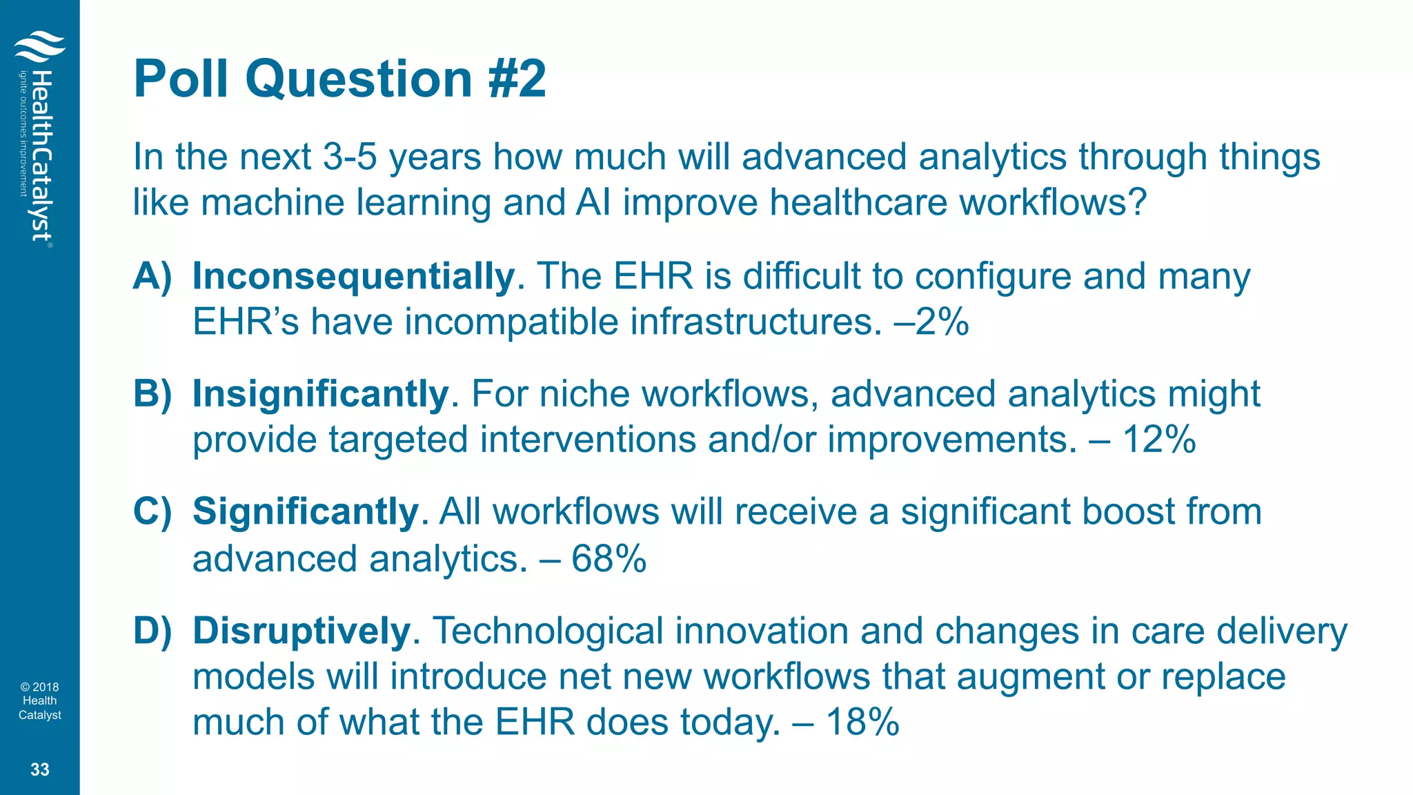 © 2018
Health
Catalyst
Poll Question #2
In the next 3-5 years how much will advanced analytics through things
like machine learning and AI improve healthcare workflows?
A) Inconsequentially. The EHR is difficult to configure and many
EHR’s have incompatible infrastructures. –2%
B) Insignificantly. For niche workflows, advanced analytics might
provide targeted interventions and/or improvements. – 12%
C) Significantly. All workflows will receive a significant boost from
advanced analytics. – 68%
D) Disruptively. Technological innovation and changes in care delivery
models will introduce net new workflows that augment or replace
much of what the EHR does today. – 18%
33
 