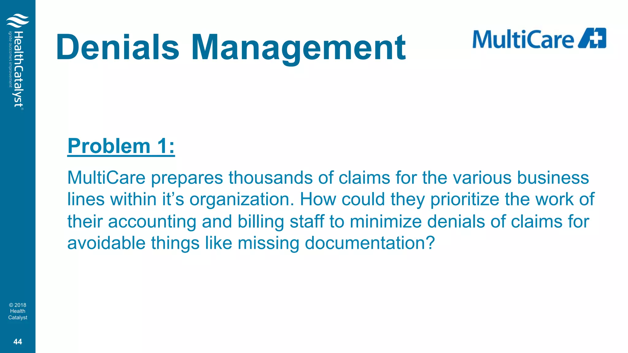 © 2018
Health
Catalyst
Denials Management
Problem 1:
MultiCare prepares thousands of claims for the various business
lines within it’s organization. How could they prioritize the work of
their accounting and billing staff to minimize denials of claims for
avoidable things like missing documentation?
44
 