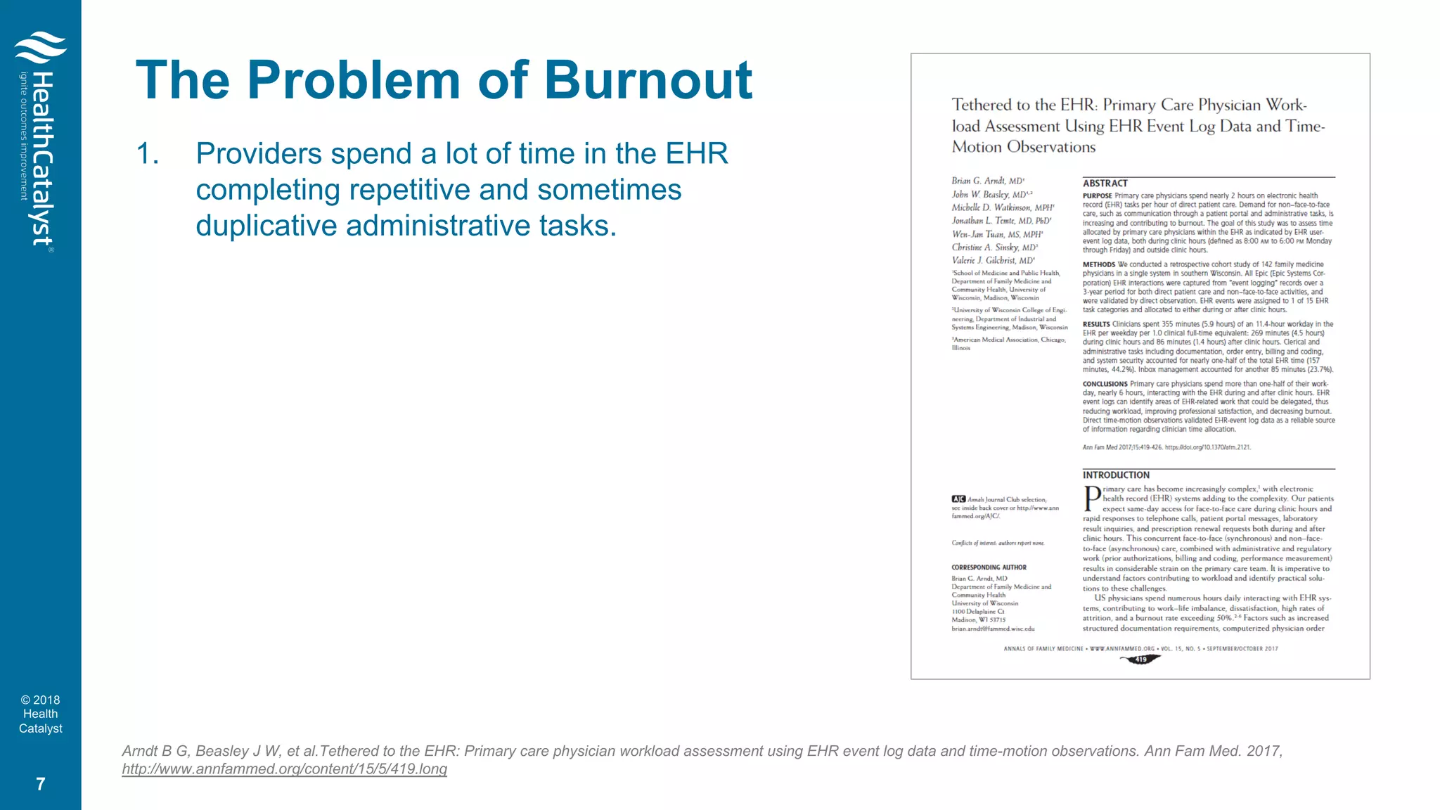 © 2018
Health
Catalyst
The Problem of Burnout
1. Providers spend a lot of time in the EHR
completing repetitive and sometimes
duplicative administrative tasks.
Arndt B G, Beasley J W, et al.Tethered to the EHR: Primary care physician workload assessment using EHR event log data and time-motion observations. Ann Fam Med. 2017,
http://www.annfammed.org/content/15/5/419.long
7
 