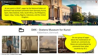 At one point in 2014*, pages by the National Gallery of
Denmark had received comments from Germany, Russia,
Spain, New Zealand, India, South Africa, the Philippines,
Egypt, Libya, Turkey, Nigeria, Indonesia, and the United
Kingdom.
On one group of pages
about the masterpieces of
Danish art, comments by
Danes are outnumbered by
comments from other
countries by 35:1.
* The last time I studied these pages
 