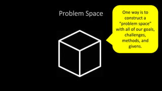 Problem Space One way is to
construct a
“problem space”
with all of our goals,
challenges,
methods, and
givens.
 