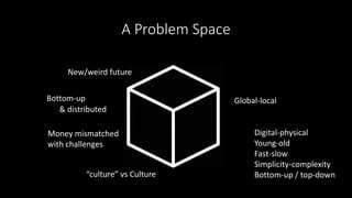 A Problem Space
New/weird future
Bottom-up Global-local
Money mismatched
with challenges
“culture” vs Culture
& distributed
Digital-physical
Young-old
Fast-slow
Simplicity-complexity
Bottom-up / top-down
 