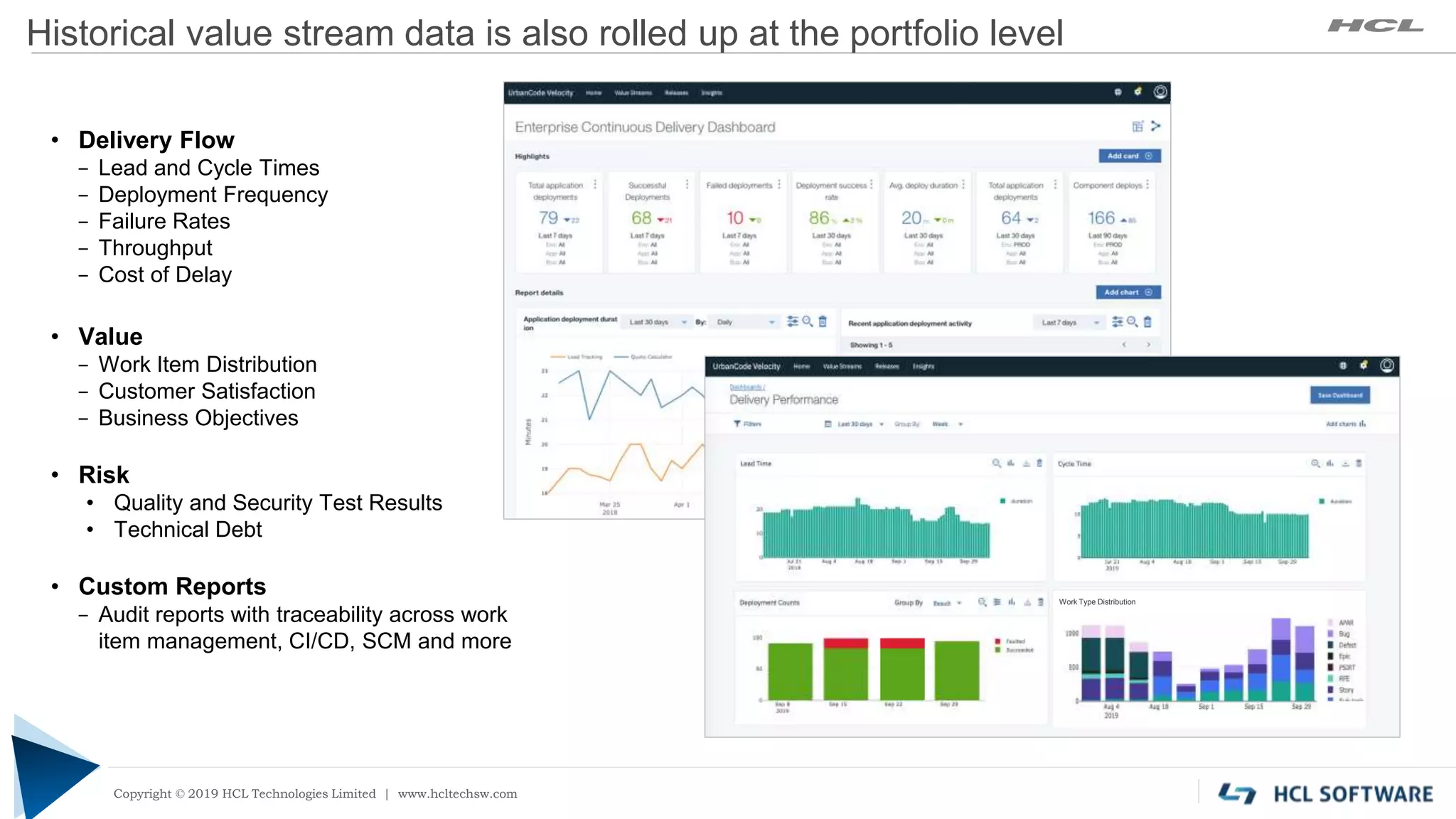 Copyright © 2019 HCL Technologies Limited | www.hcltech.com
Copyright © 2019 HCL Technologies Limited | www.hcltechsw.com
Historical value stream data is also rolled up at the portfolio level
• Delivery Flow
− Lead and Cycle Times
− Deployment Frequency
− Failure Rates
− Throughput
− Cost of Delay
• Value
− Work Item Distribution
− Customer Satisfaction
− Business Objectives
• Risk
• Quality and Security Test Results
• Technical Debt
• Custom Reports
− Audit reports with traceability across work
item management, CI/CD, SCM and more
Work Type Distribution
 