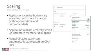 Copyright: mimacom ag, 2019. Alle Rechte vorbehalten, auch bzgl. jeder Verwertung, Reproduktion und Weitergabe
Scaling
Horizontal or vertical
• Applications can be horizontally
scaled out with more instances
(without down-time and
recommended)
• Applications can be vertically scaled
up with more memory / disk space
• Pivotal CF auto-scaler can
automatically scale based on CPU
load
2019-10-17 / Team Talks / @_fabiankeller
20
 