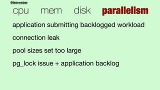 @leinweber
cpu mem disk parallelism
application submitting backlogged workload

connection leak

pool sizes set too large
...